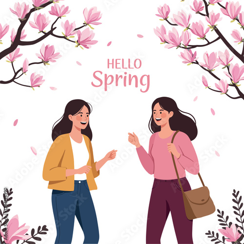 Two joyful women in casual outfits smiling and chatting under blooming pink magnolia trees in flat vector illustration