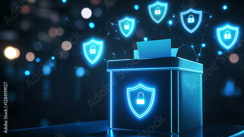 Secure voting system with encrypted ballot box and glowing digital shields representing election integrity online privacy cybersecurity protection and blockchain-based democratic verification