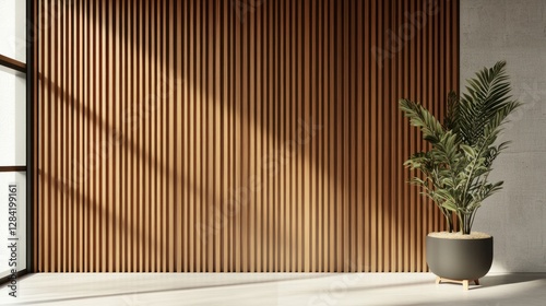 Minimalist room, wood wall, plant, sunlight, interior design