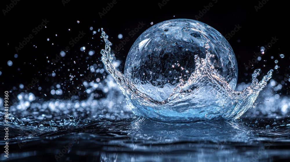 Water Splashing Glass Sphere on Dark Background