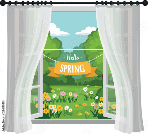 A bright, welcoming window view of a blooming garden scene, featuring spring flowers and cheerful banners in flat vector art