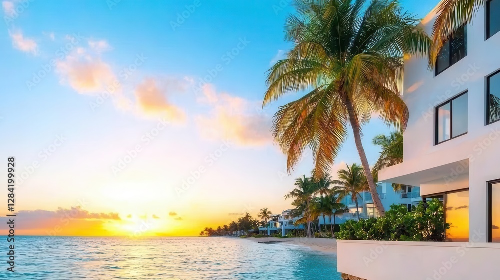 Fototapeta premium Sunset over luxury beachfront estates, Residential Real Estate Luxury Properties Housing Demand, exclusive tropical living