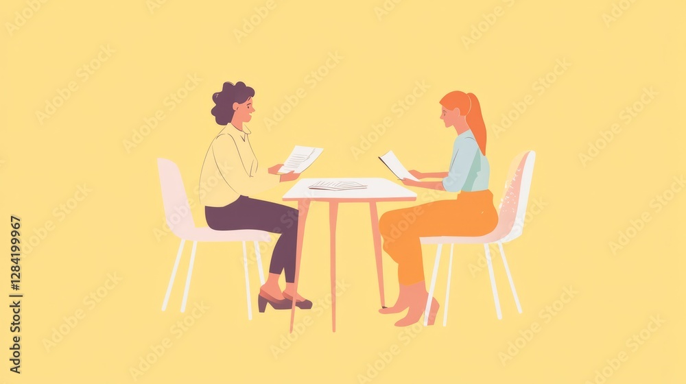 Two Women Reviewing Documents at a Table, Pixel Art Illustration Two Women Reviewing Documents at a Table, Pixel Art Illustration