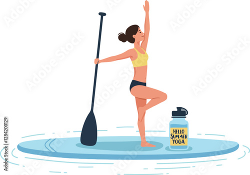 A woman practicing yoga on a paddleboard in a serene lake setting, showcasing flat design style in vibrant vector illustration