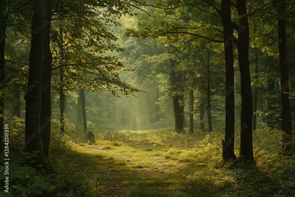 Naklejka premium Sunlit Forest Path Through Trees With Shimmering Light And Lush Greenery In Tranquil Atmosphere