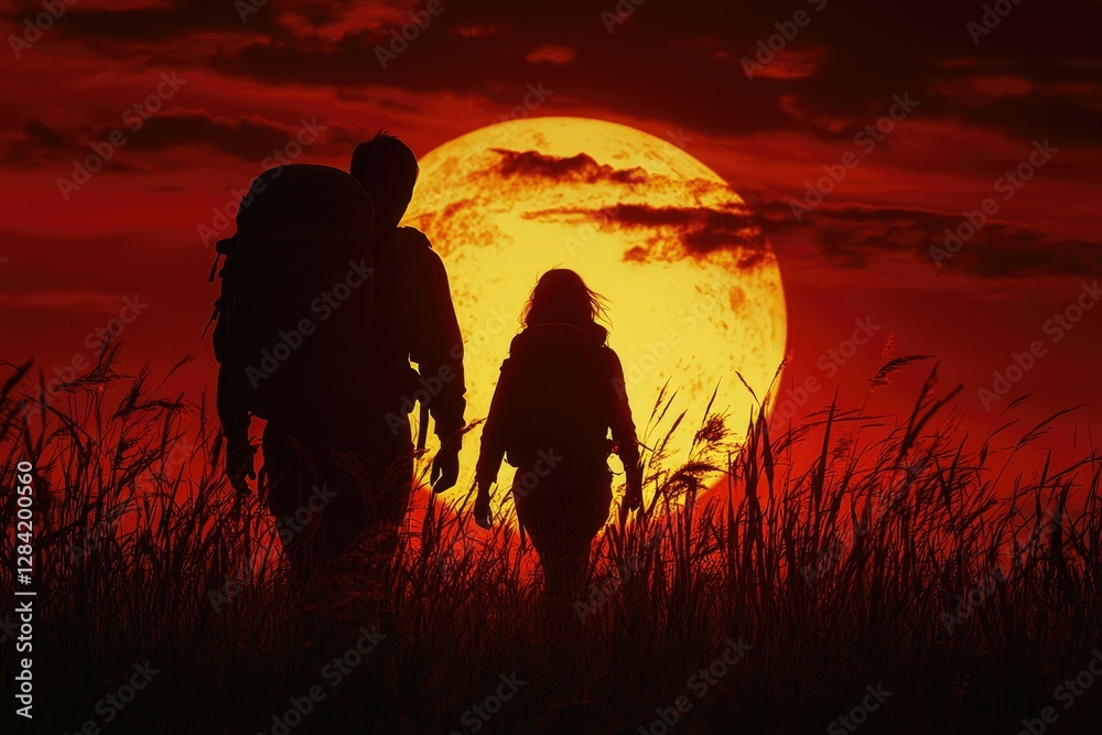 Fototapeta premium Silhouettes of two hikers walking towards a large, glowing sunset, surrounded by tall grass.