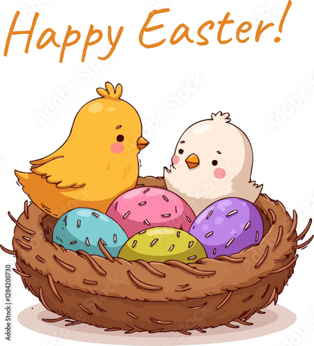 Easter eggs with chicken in the nest, hand drawn