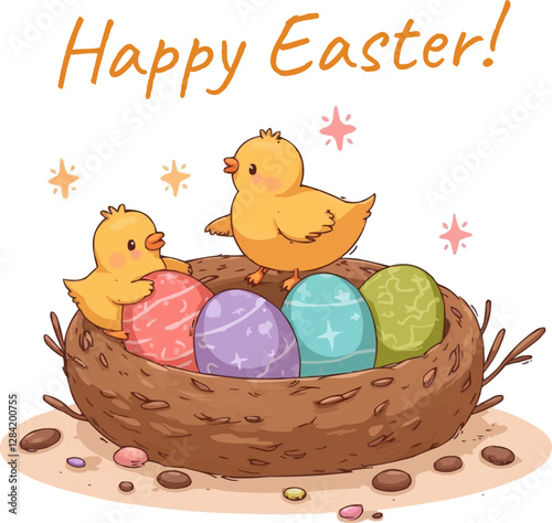 Easter eggs with chicken in the nest, hand drawn