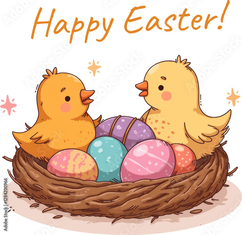 Easter eggs with chicken in the nest, hand drawn