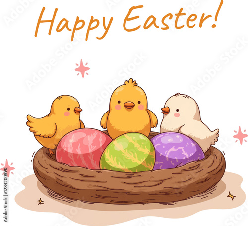 Easter eggs with chicken in the nest, hand drawn