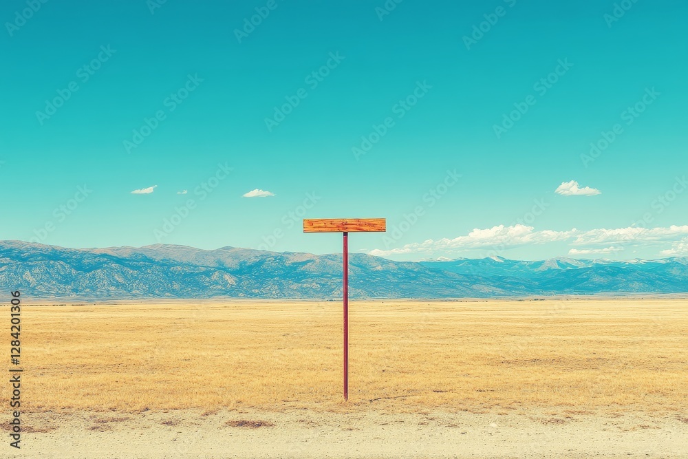 Isolated Wooden Sign Post in Expansive Desert Landscape with Mountains Isolated Wooden Sign Post in Expansive Desert Landscape with Mountains