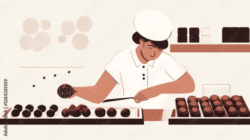 Woman Chef Preparing Round Chocolate Candies on Table in White Kitchen Woman Chef Preparing Round Chocolate Candies on Table in White Kitchen
