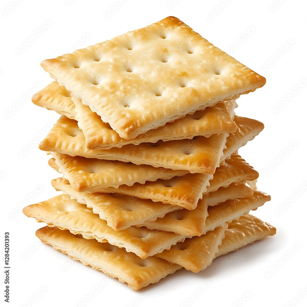 Stacked Pile of Crispy Saltine Crackers Isolated on White Background Stacked Pile of Crispy Saltine Crackers Isolated on White Background