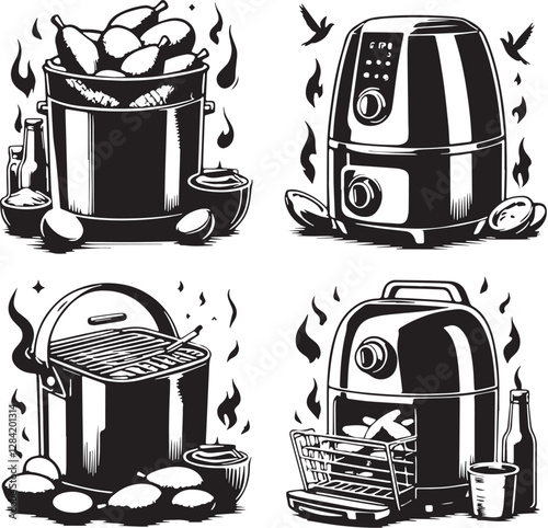 Black Color Air fryer Silhouette Vector Illustration design, Solid White Background
