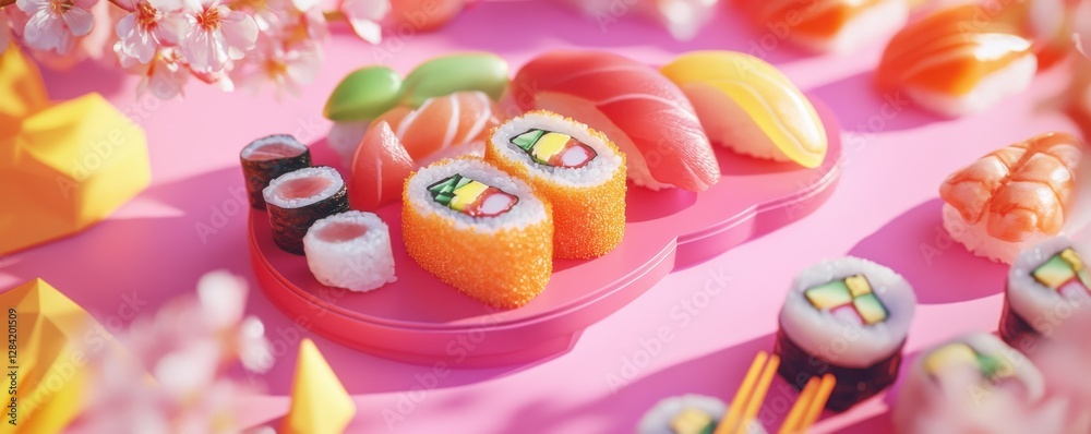 Obraz premium Assorted sushi on pink background with nigiri, maki, and blossoms in bright sunlight