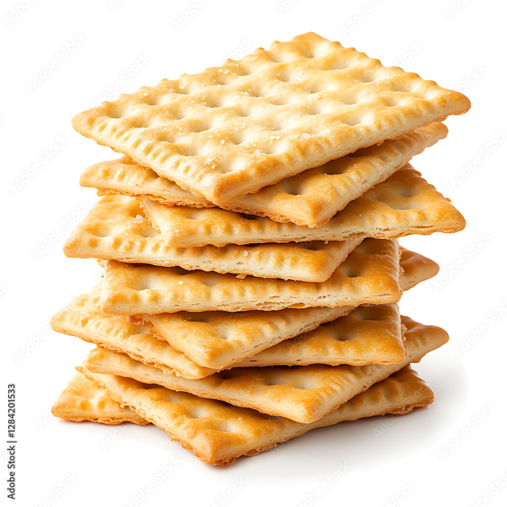 Stacked Pile of Crispy Saltine Crackers Isolated on White Background Stacked Pile of Crispy Saltine Crackers Isolated on White Background