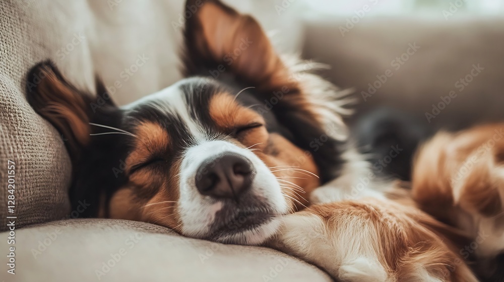 Obraz premium Cute dog peacefully sleeping on a cozy couch in a comfortable home environment : Generative AI