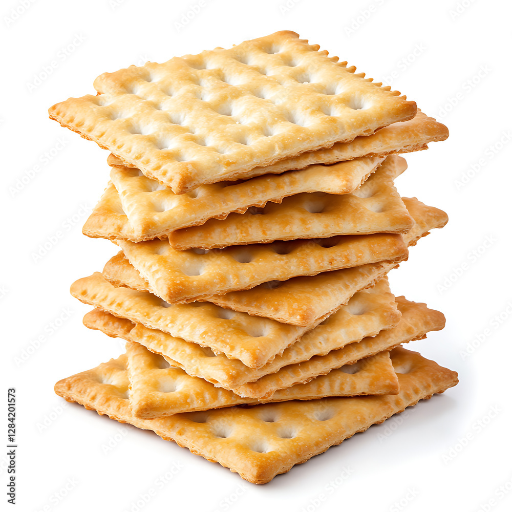 Stacked Pile of Crispy Saltine Crackers Isolated on White Background Stacked Pile of Crispy Saltine Crackers Isolated on White Background