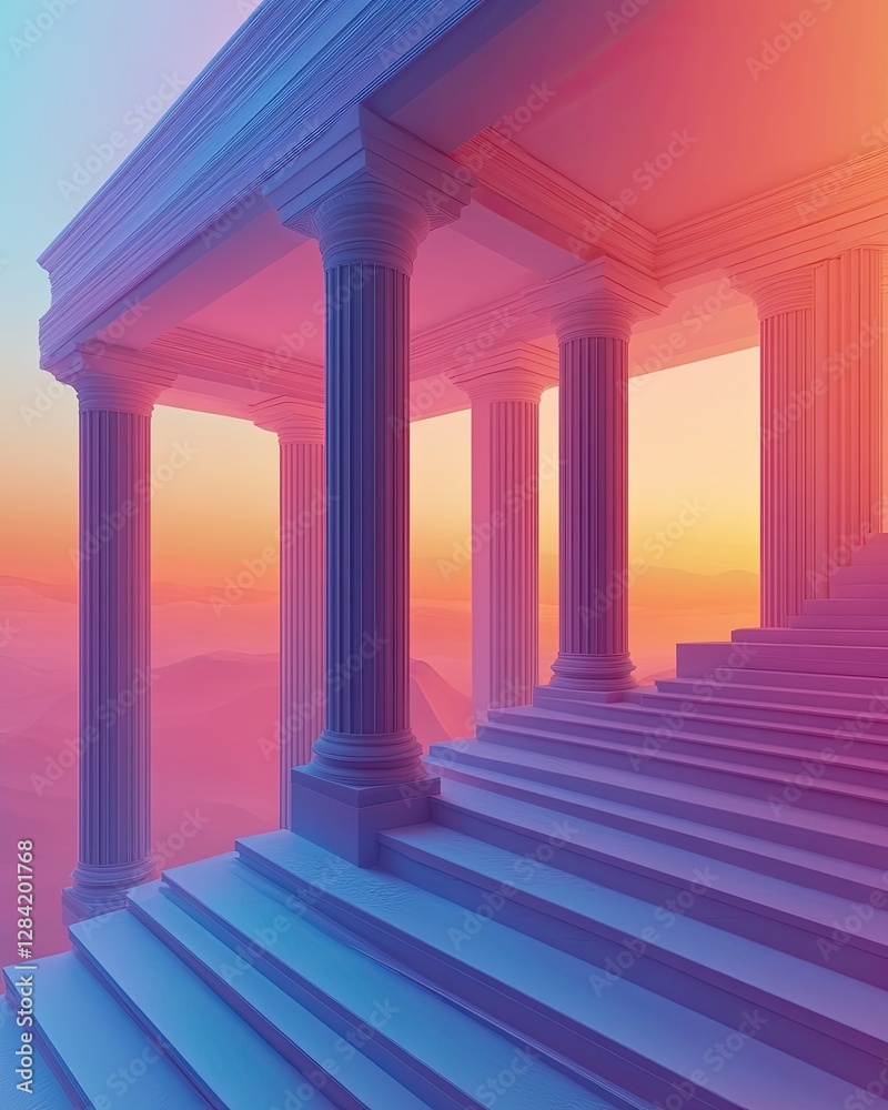 A serene staircase leading to ethereal columns. A serene staircase leading to ethereal columns.