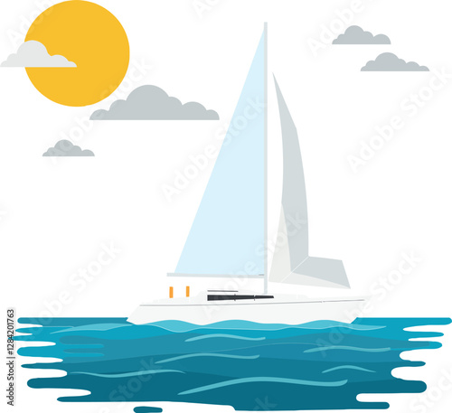 A serene sailboat gliding across turquoise waters under a bright sun with fluffy clouds in a flat vector illustration