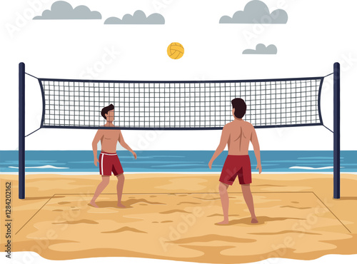 Two men playing beach volleyball in summer attire under a bright sun in a flat vector illustration