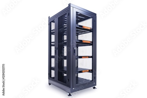 Black Server Rack With Shelving And Glass Doors photo