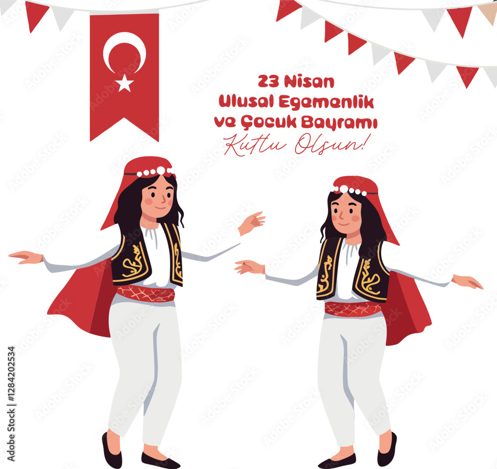 Two joyful children in traditional Turkish attire celebrating 23 Nisan National Sovereignty and Childrens Day in a flat vector illustration with festive decorations