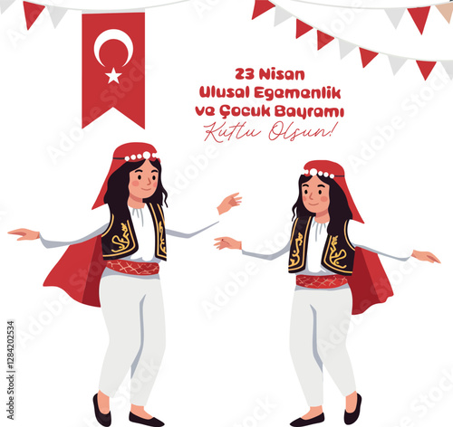 Two joyful children in traditional Turkish attire celebrating 23 Nisan National Sovereignty and Childrens Day in a flat vector illustration with festive decorations