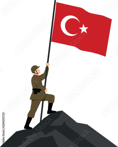 A soldier proudly raising the Turkish flag atop a rocky peak in a minimal vector illustration reflecting determination and national pride