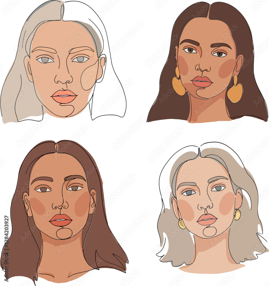 Four unique female portraits in minimal style showcasing diverse hairstyles and expressions, featuring flat colors, vector illustration Four unique female portraits in minimal style showcasing diverse hairstyles and expressions, featuring flat colors, vector illustration
