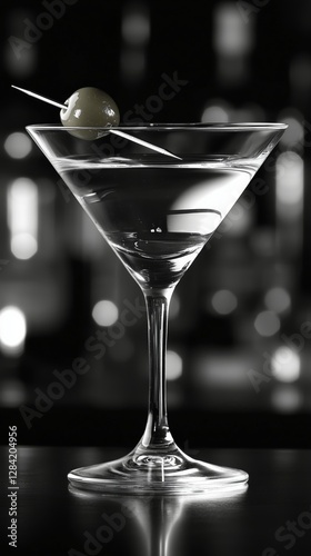 Classic Martini Served With an Olive in Elegant Glass Against Blurred Bar Bac...