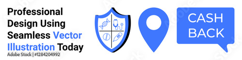 Shield representing protection, location pin, and cash back bubble in blue. Ideal for finances, security, savings, rewards, business promos, digital marketing and e-commerce flat landing page banner