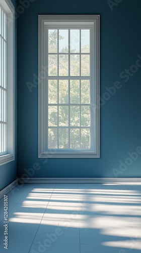 Natural Light Streams Into a Serene Room With Blue Walls and Large Windows in...