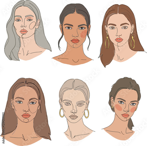 Six elegant women with diverse hairstyles and makeup in a minimal flat design showcasing unique beauty expressions in vector illustration