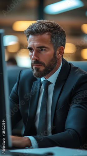 Focused Professional Working Late at a Modern Office With Ambient Lighting