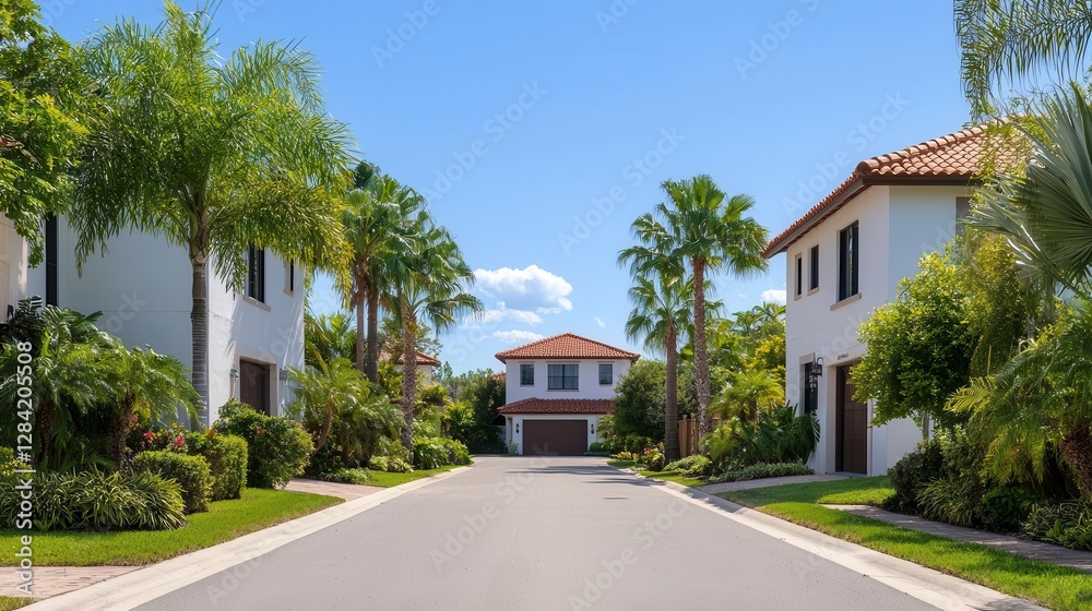Fototapeta premium A gated community of luxury villas with lush landscaping, Residential Real Estate Luxury Properties Housing Demand, exclusive neighborhood living