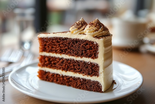 Decadent Chocolate Layer Cake Served on White Plate With Rich Sauce at Upscal...