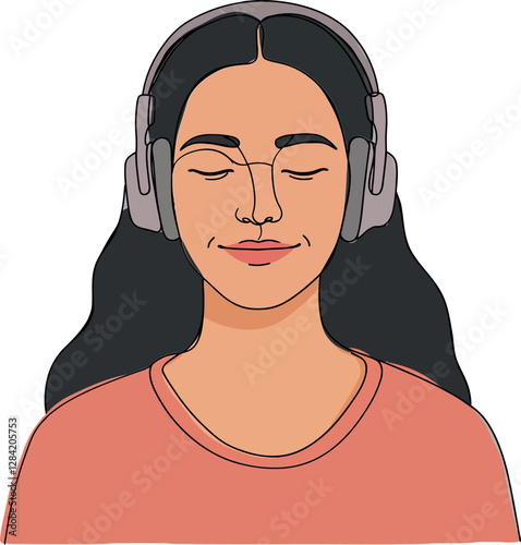 Young woman with long dark hair wearing headphones in a relaxed pose, enjoying music in a flat vector art style