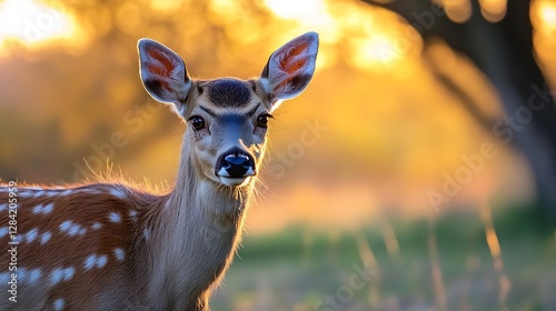 Closeup portrait of a curious deer fawn surrounded by warm sunlight creating a peaceful moment : Generative AI photo