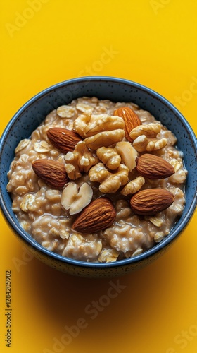 Healthy Oatmeal Bowl Topped With Nuts on a Vibrant Yellow Background for Brea...