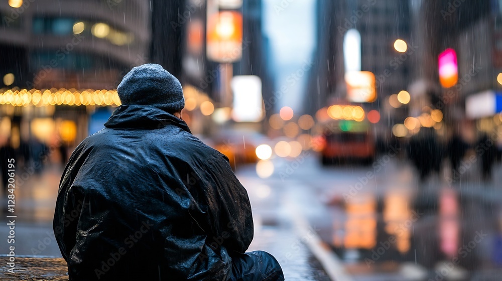 Fototapeta premium A reflective moment captured of a homeless man sitting in the rain on a busy city street : Generative AI