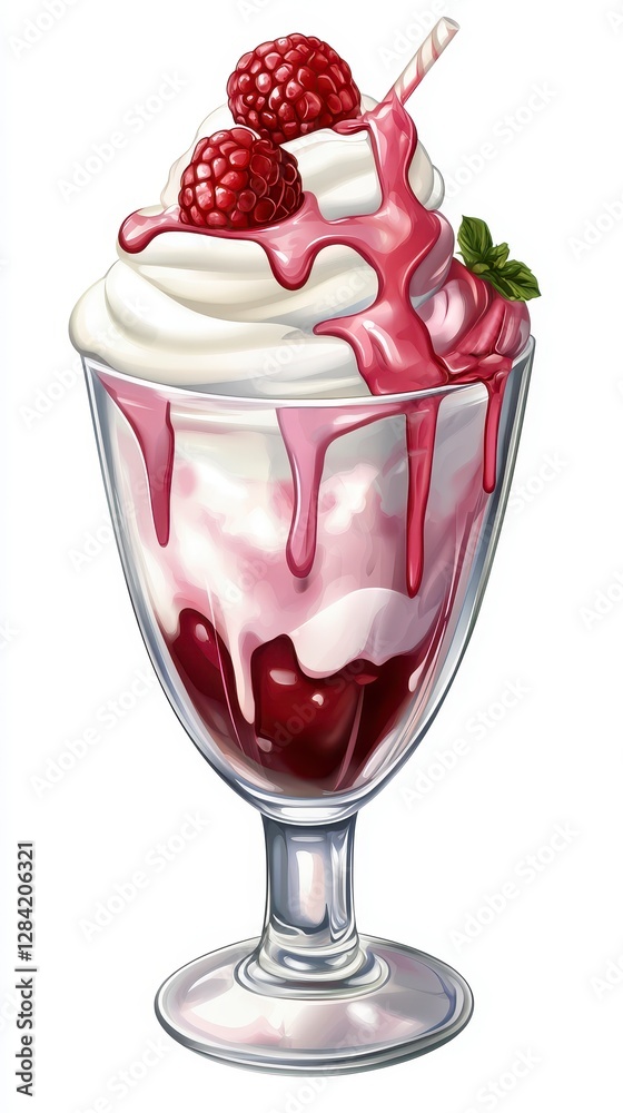 Raspberry Sundae Dessert in Glass Bowl Closeup View Raspberry Sundae Dessert in Glass Bowl Closeup View