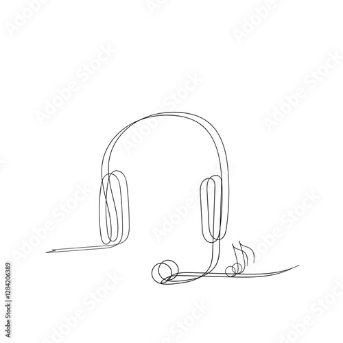 Headphones with music notes continuous one line drawing Vector isolated on white.