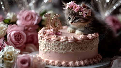 A kitten is sitting on top of a pink cake with the number 16 on it. The cake is surrounded by pink flowers, which add a touch of elegance and sweetness to the scene. Concept of celebration and joy