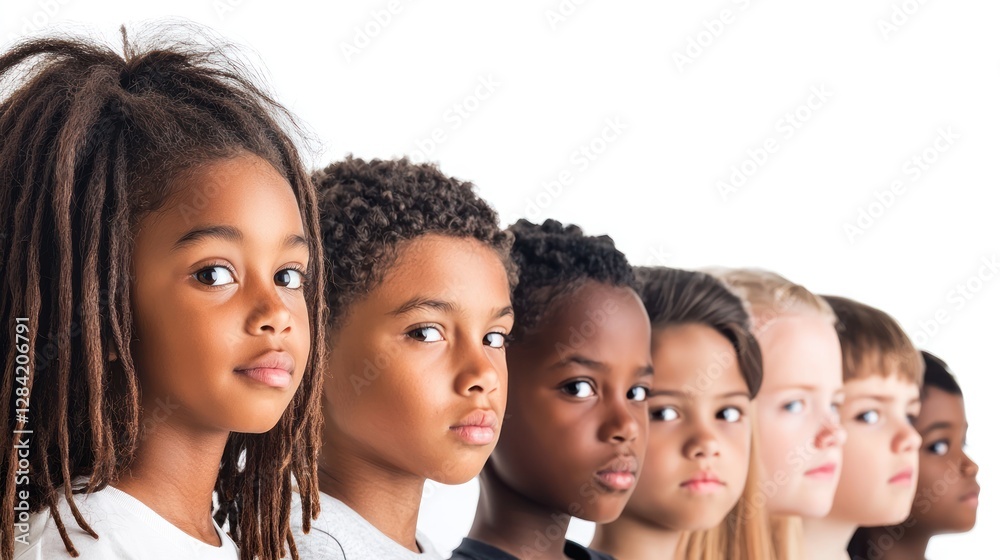 Diverse children, lined up, serious expressions, studio portrait, education Diverse children, lined up, serious expressions, studio portrait, education