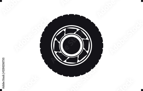 Black rubber wheel tire design. Wheel tires. Car tire tread tracks, Mini Van racing wheel mascot design. Tyres road maintenance vector automobile. Auto Van wheel tyre. Vector illustration rim design