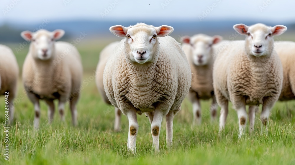 Group of sheep grazing in green pasture with clear skies and vibrant landscape : Generative AI Group of sheep grazing in green pasture with clear skies and vibrant landscape : Generative AI