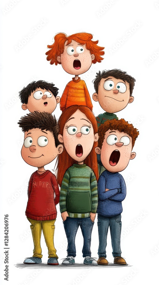 Obraz premium Surprised Children Group Illustration Colorful Cartoon Kids on White