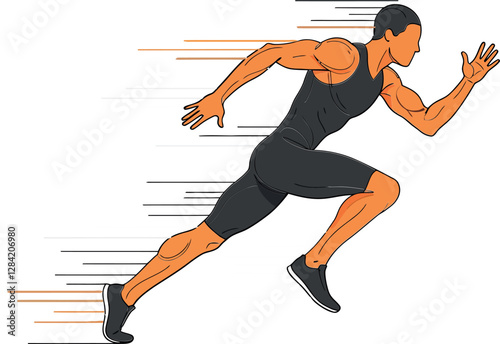 A dynamic male athlete sprinting forward in a minimal style showcasing speed and determination with motion lines in vector illustration