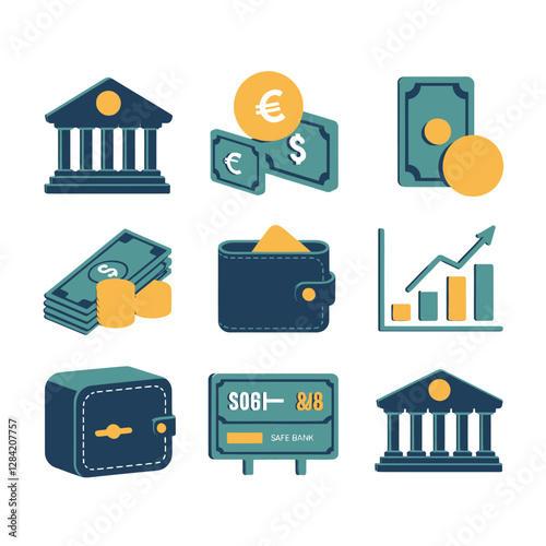 vector colorful economy trading graph cash money linked with curved dash line over the world bank 
